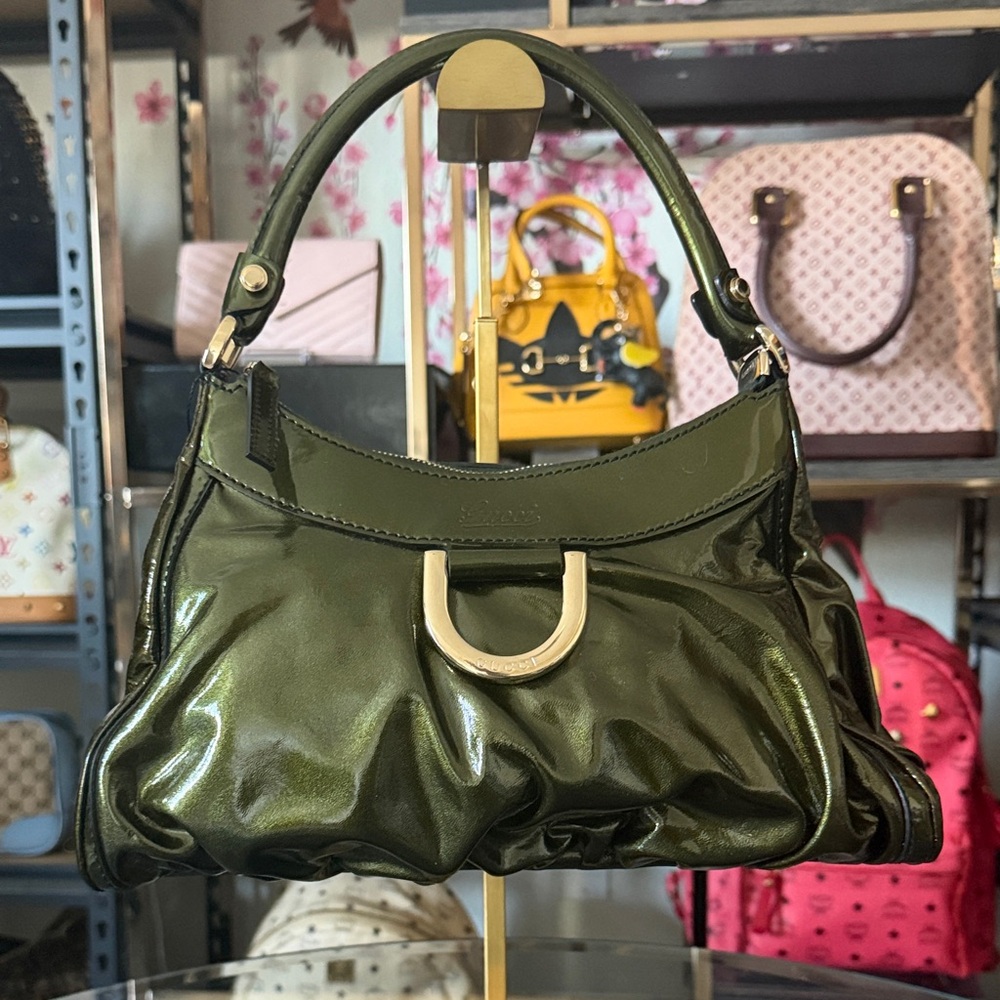 Gucci Abbey Dark Green Patent Shoulder Bag with Gold D-Ring